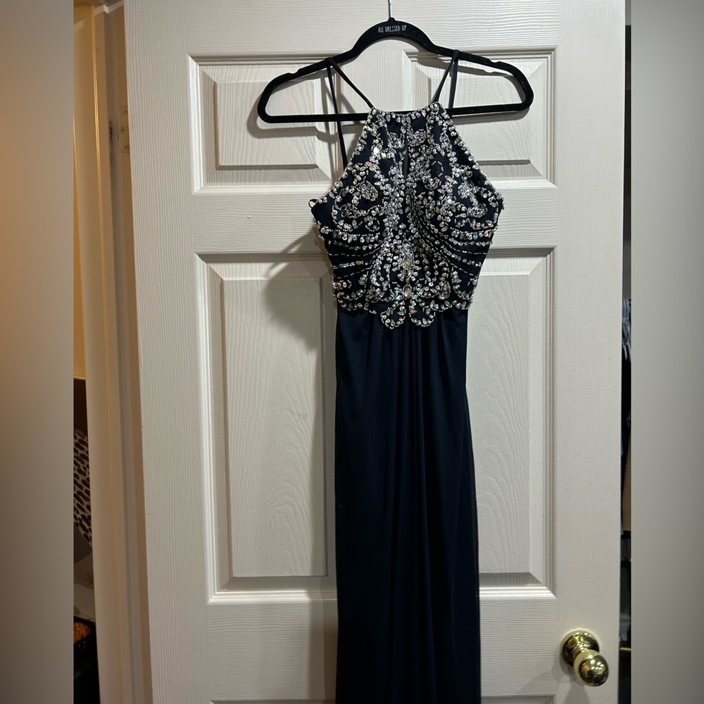 Blondie Nites gorgeous detailed beaded navy evening dress size1